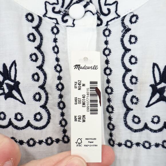 NWT Madewell Embroidered Poplin Shirred Button-Up Shirt White Dark Navy Medium - Picture 10 of 10